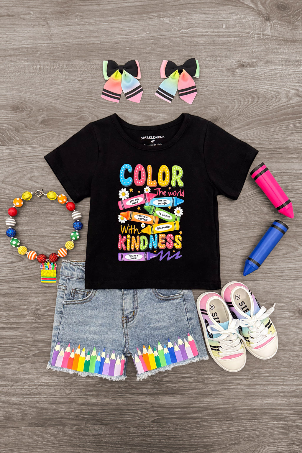 Mom & Me - "Color The World" Top & Short Set - 3T - Black t-shirt with colorful "Color the World with Kindness" text paired with denim shorts featuring rainbow paintbrush.