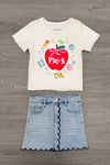 "Pre-K - Fifth Grade" Apple Denim Skirt Set - PRE-K / 2T - Cream short-sleeve tee with red apple graphic and light blue scalloped denim skirt with pink buttons.