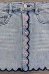 "Pre-K - Fifth Grade" Apple Denim Skirt Set - PRE-K / 2T - Light blue denim skirt with scalloped edges and pink embroidered bows along front button placket.