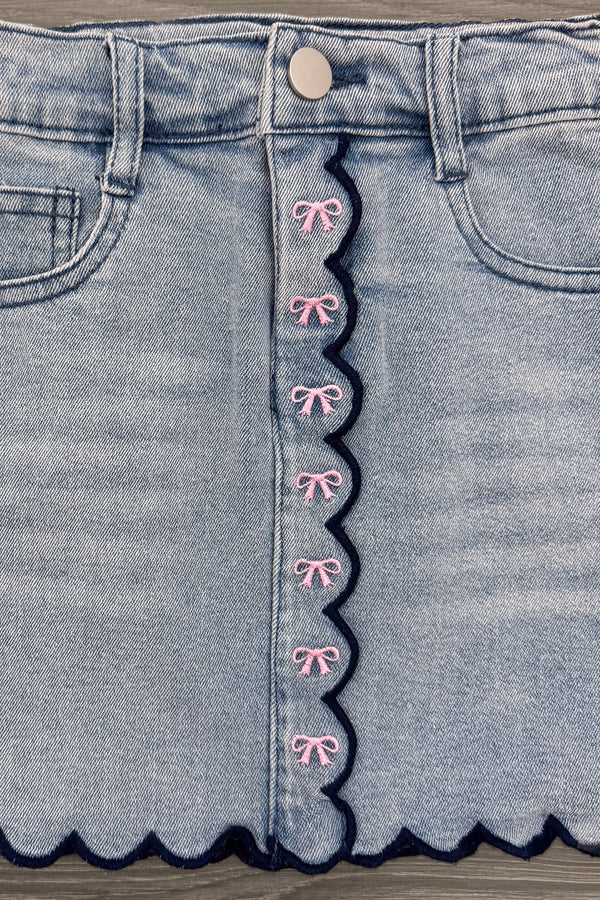 "Pre-K - Fifth Grade" Apple Denim Skirt Set - PRE-K / 2T - Light blue denim skirt with scalloped edges and pink embroidered bows along front button placket.