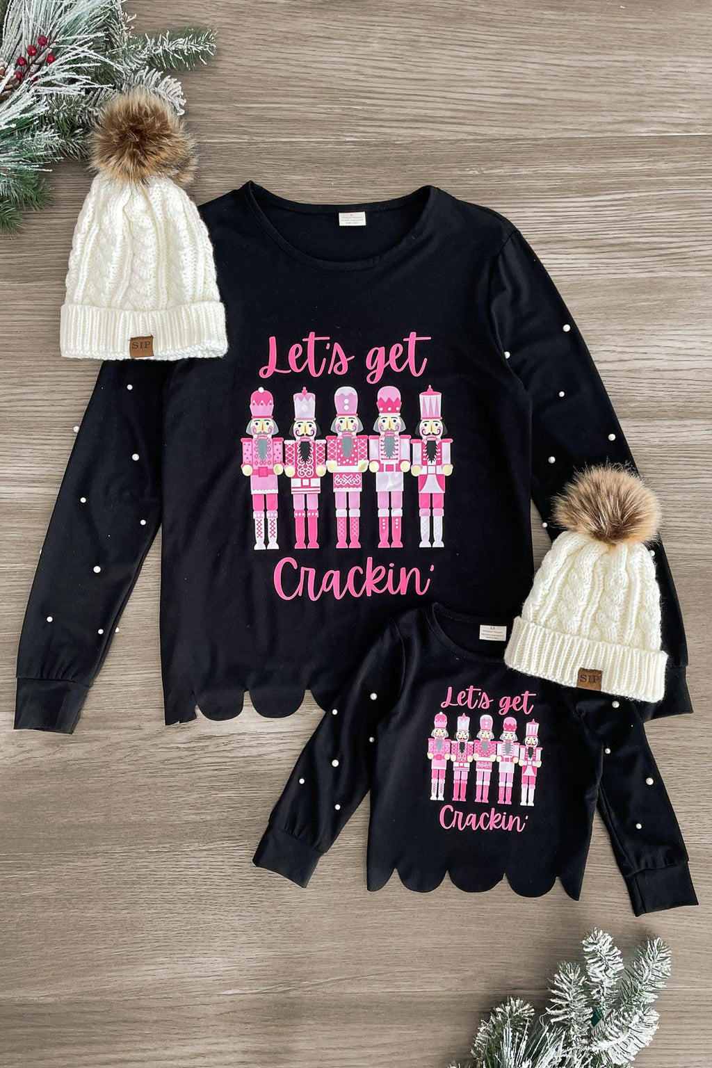 Mom & Me - "Let's Get Crackin'" Black Top - Sparkle in Pink