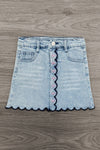 "Pre-K - Fifth Grade" Apple Denim Skirt Set - PRE-K / 2T - Light blue denim skirt with scalloped hem and pink embroidered letters down front button placket.