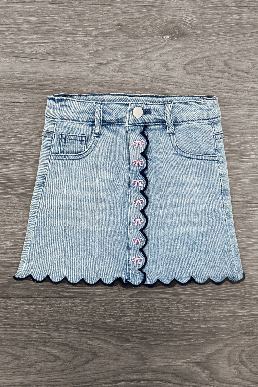"Pre-K - Fifth Grade" Apple Denim Skirt Set - PRE-K / 2T - Light blue denim skirt with scalloped hem and pink embroidered letters down front button placket.
