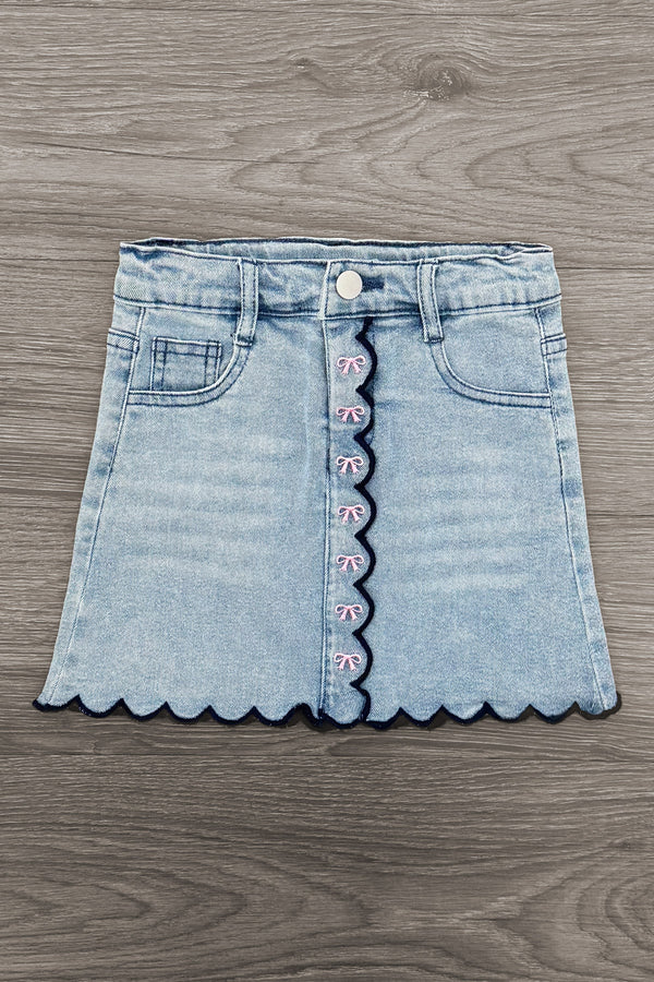 "Pre-K - Fifth Grade" Apple Denim Skirt Set - PRE-K / 2T - Light blue denim skirt with scalloped hem and pink embroidered letters down front button placket.
