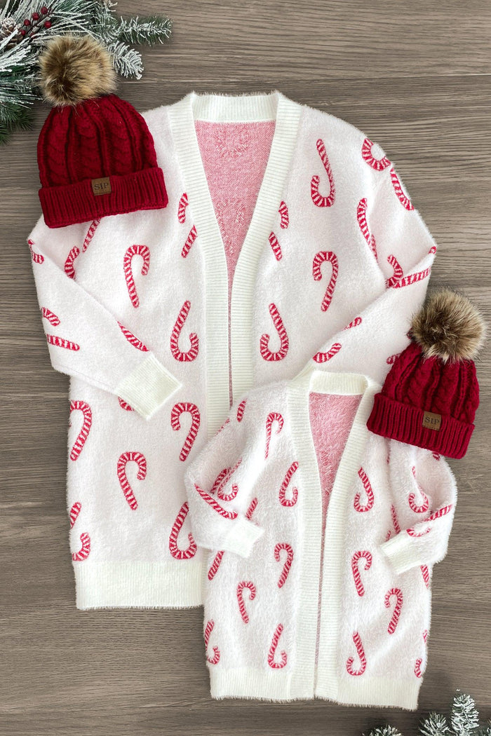 Mom & Me - Cozy Candy Cane Cardigan - CHILD-3XS-6-12 Months - White knit candy cane cardigan set for mom and child with red pom-pom beanies.