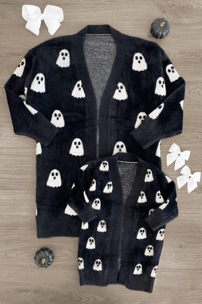 Mom & Me - Cozy Black Ghost Cardigan - CHILD-3XS-6-12 Months - Black cozy cardigan with white ghost patterns, shown in adult and child sizes, soft knit fabric.