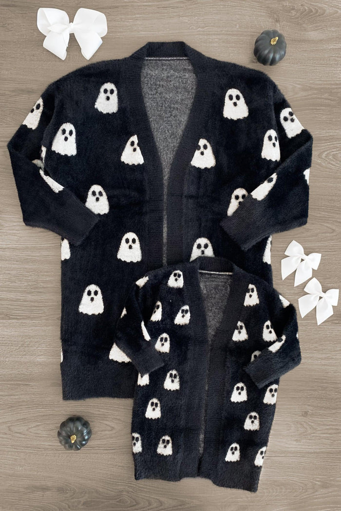 Mom & Me - Cozy Black Ghost Cardigan - CHILD-3XS-6-12 Months - Black cozy cardigan with white ghost patterns, shown in adult and child sizes, soft knit fabric.