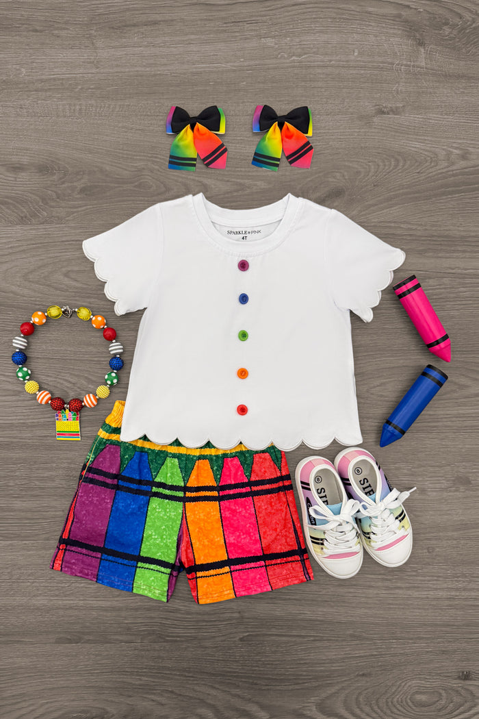 Crayon Short Set - 3T - White short-sleeve shirt with colorful buttons and rainbow crayon-striped shorts set with matching rainbow hair bows and.