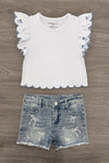 White & Blue Bow Denim Short Set