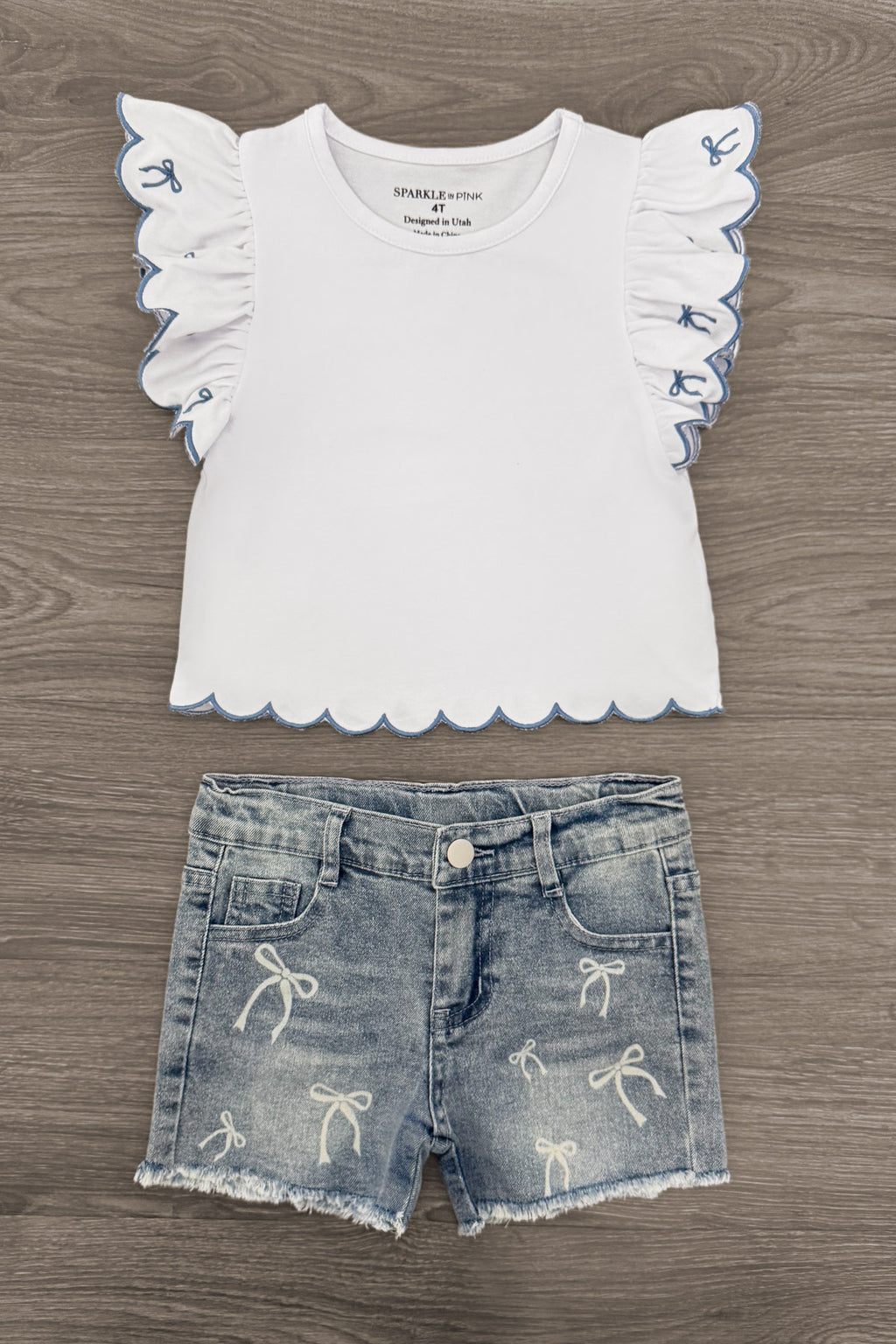 White & Blue Bow Denim Short Set