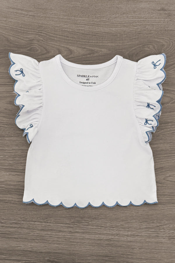 White & Blue Bow Denim Short Set