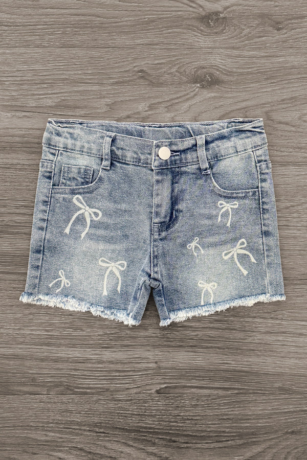 White & Blue Bow Denim Short Set