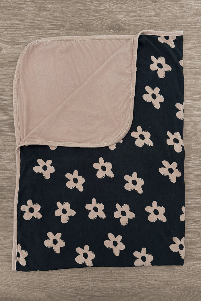 Bamboo Midnight Blossom Double Sided Blanket - Default Title - Black blanket with tan floral pattern and solid tan reverse side, soft plush fabric.