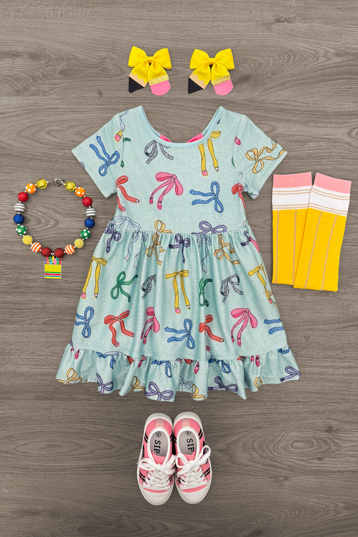 Mint Glitter School Bows Dress - 3T - Mint dress with colorful school supplies print, short sleeves, gathered skirt, paired with yellow hair bows, striped pink.