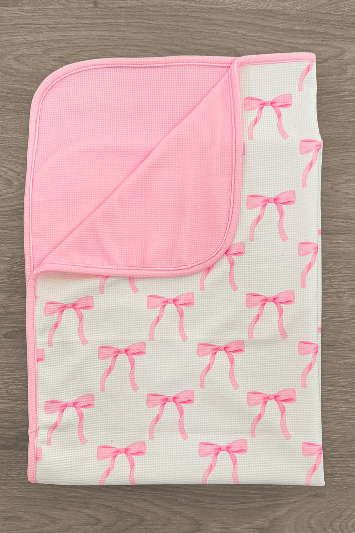 Blushing Bows Waffle Knit Blanket - Default Title - Soft pink and white waffle knit blanket with pink bow pattern and solid pink border.