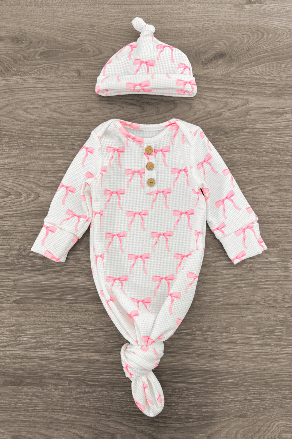 Newborn Baby Blushing Bows Waffle Knit Knot Gown & Hat Set | Sparkle in Pink