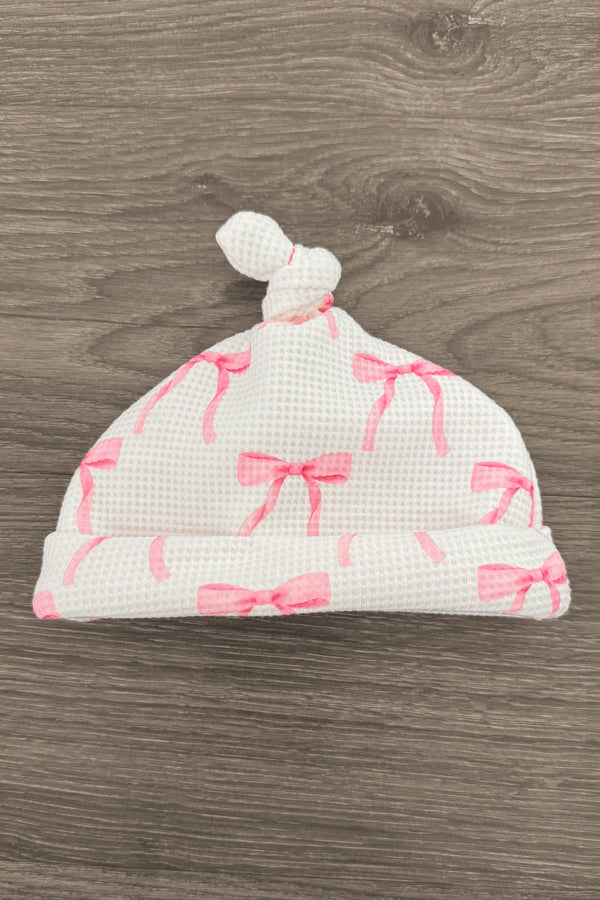 Newborn Baby Blushing Bows Waffle Knit Knot Gown & Hat Set | Sparkle in Pink