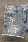 White & Blue Bow Denim Short Set