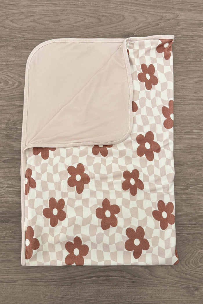 Bamboo Checkered Blossoms Double Sided Blanket - Default Title - Cream and brown double-sided bamboo blanket with checkered floral pattern and solid cream reverse.