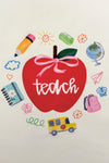 "Teach" Apple Top - MOM-XS - Cream-colored top featuring a large red apple with the word "teach" in white script surrounded by colorful school-themed.