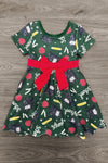 Green Glitter School Supplies Dress - 3T - Green glitter dress with school supplies print, short sleeves, and red bow belt.