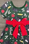 Green Glitter School Supplies Dress - 3T - Green glitter dress with school-themed prints and a red bow at the waist.