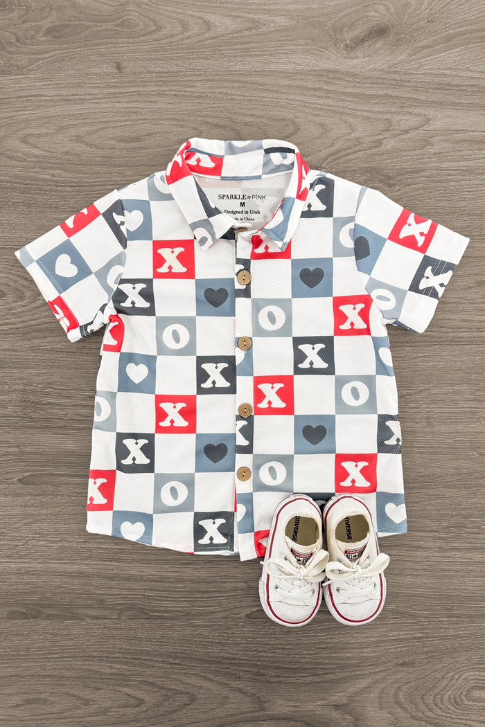 "XOXO" Checkered Button Down - 3XS-6-12 Months - Toddler boy's short-sleeve button-down shirt with red, white, and blue checkered "XOXO" pattern with matching white and red.