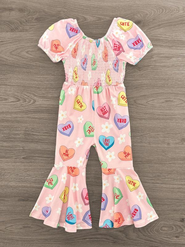 Pink Candy Hearts Bell Bottom Jumpsuit | Sparkle in Pink