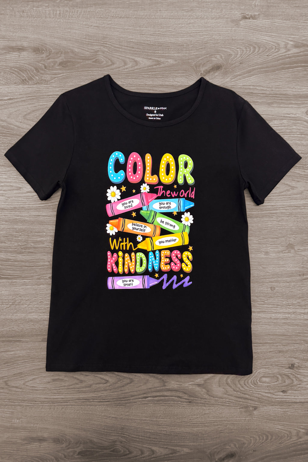 Mom & Me - "Color The World" Top & Short Set - 3T - Black short-sleeve top with colorful "Color The World with Kindness" rainbow text and crayon graphic.