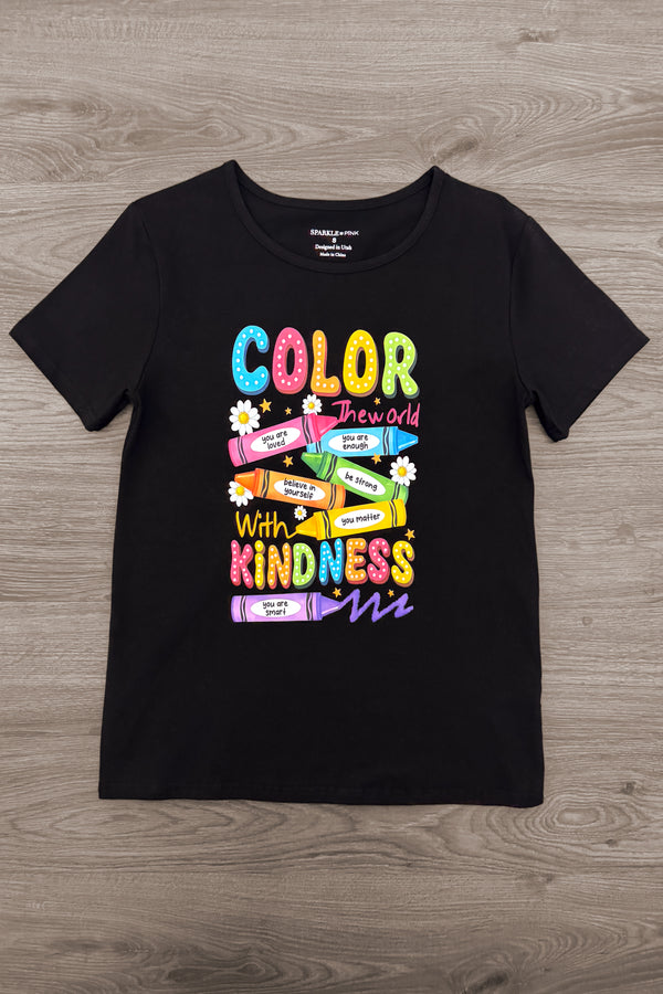 Mom & Me - "Color The World" Top & Short Set - 3T - Black short-sleeve top with colorful "Color The World with Kindness" rainbow text and crayon graphic.