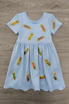 Mom & Me - Blue Pencil Dress - CHILD-3T - Light blue short-sleeve dress with round neckline and colorful pencil prints scattered all over.