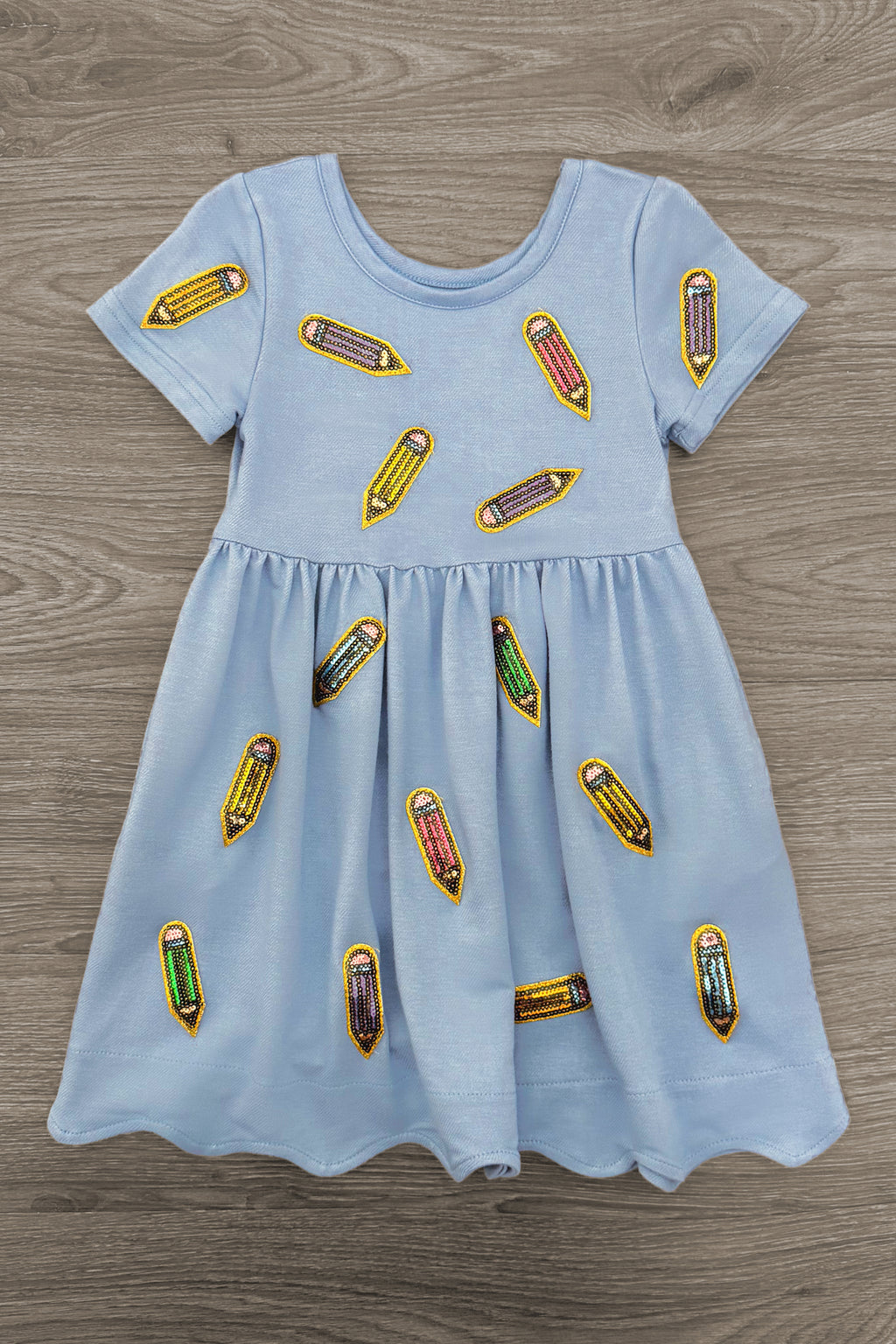 Mom & Me - Blue Pencil Dress - CHILD-3T - Light blue short-sleeve dress with round neckline and colorful pencil prints scattered all over.
