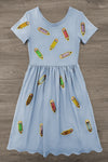 Mom & Me - Blue Pencil Dress - CHILD-3T - Light blue short-sleeve pencil dress with colorful crayon prints and a scalloped hem.