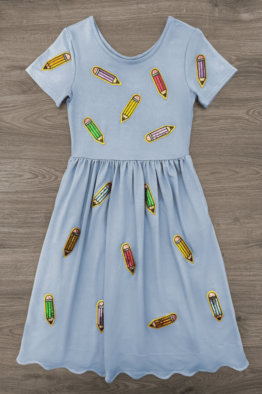 Mom & Me - Blue Pencil Dress - CHILD-3T - Light blue short-sleeve pencil dress with colorful crayon prints and a scalloped hem.
