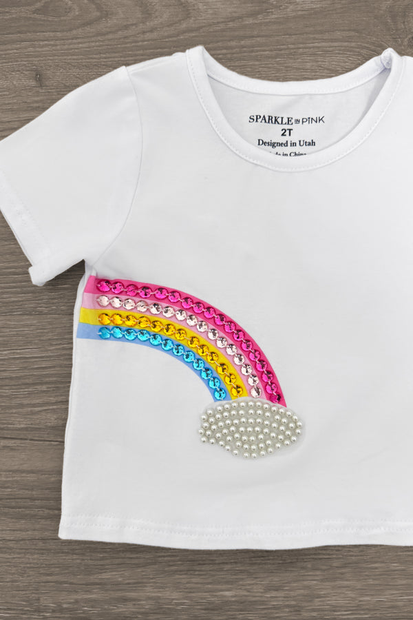 Gemstone Rainbow Denim Short Set - Left Side / 6-12 Months - White short-sleeve toddler t-shirt with colorful gemstone rainbow and pearl cloud embellishment on front.