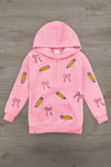 Mom & Me - Pink Pencils & Bows Pullover - 3T - Pink pullover hoodie with pencil and bow prints, ribbed cuffs, and front kangaroo pocket.