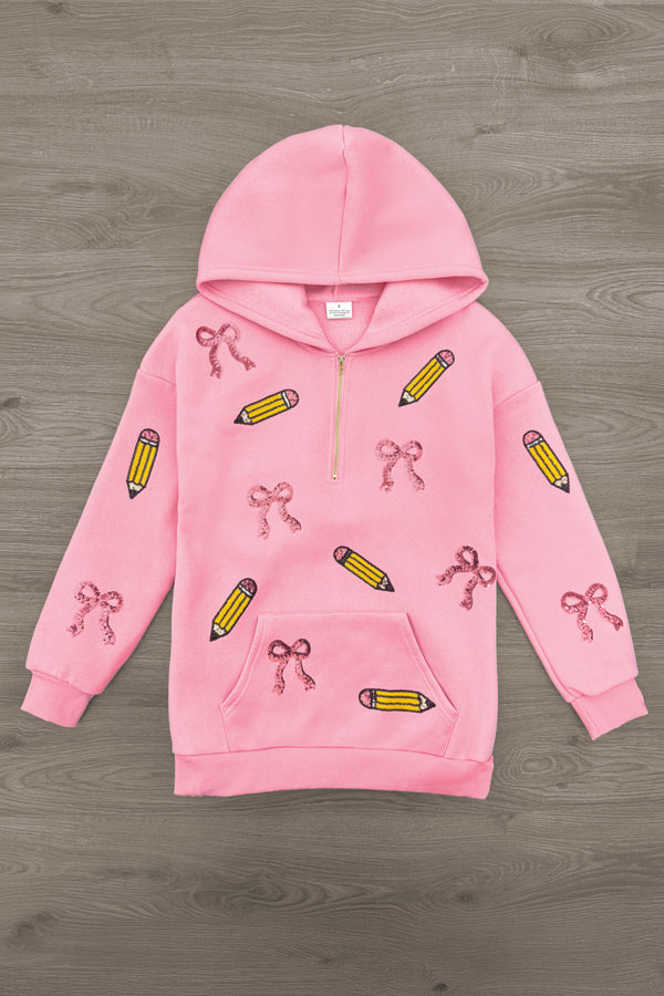Mom & Me - Pink Pencils & Bows Pullover - 3T - Pink pullover hoodie with pencil and bow prints, ribbed cuffs, and front kangaroo pocket.