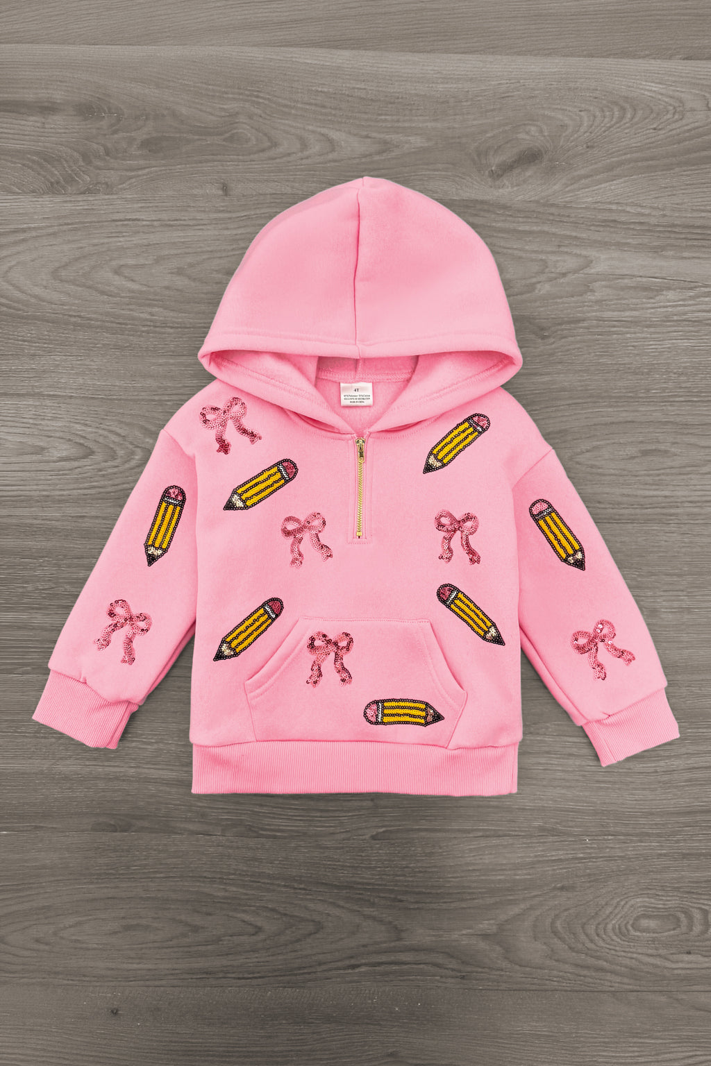 Mom & Me - Pink Pencils & Bows Pullover - 3T - Pink pullover hoodie with pencil and bow prints, front pockets, and long sleeves.