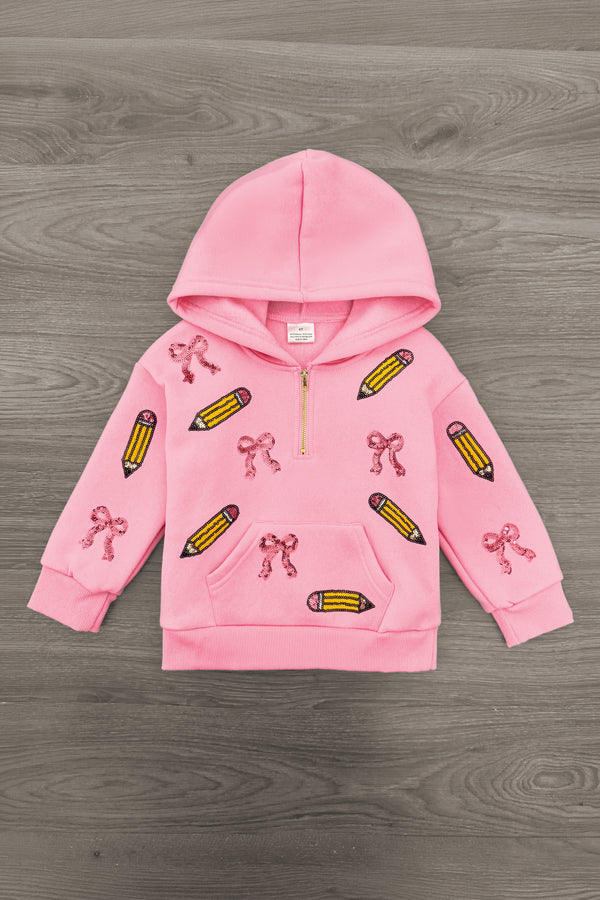 Mom & Me - Pink Pencils & Bows Pullover - 3T - Pink pullover hoodie with pencil and bow prints, front pockets, and long sleeves.