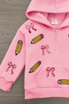 Mom & Me - Pink Pencils & Bows Pullover - 3T - Pink pullover hoodie with front pocket, gold zipper, decorated with yellow pencils and pink bows patterns.