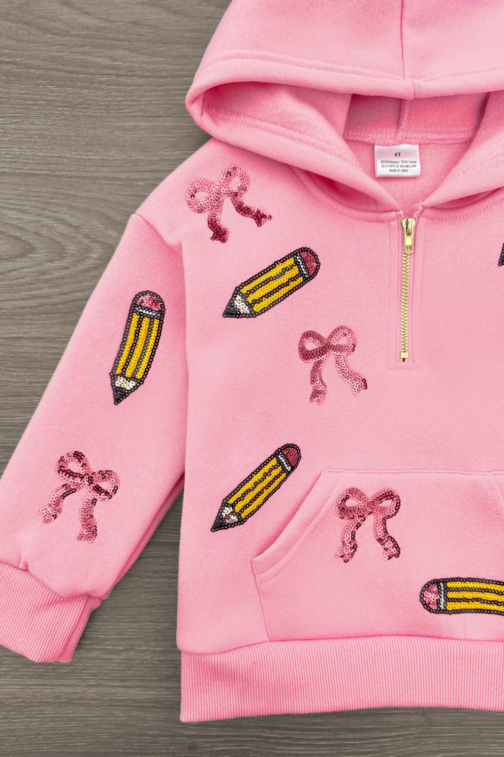 Mom & Me - Pink Pencils & Bows Pullover - 3T - Pink pullover hoodie with front pocket, gold zipper, decorated with yellow pencils and pink bows patterns.