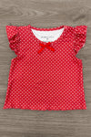 Red Apple Flare Denim Pant Set - 3T - Red sleeveless top with white polka dots, ruffled shoulders, and small front bow detail.
