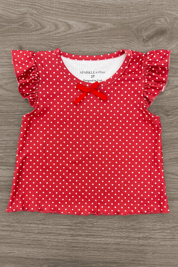 Red Apple Flare Denim Pant Set - 3T - Red sleeveless top with white polka dots, ruffled shoulders, and small front bow detail.