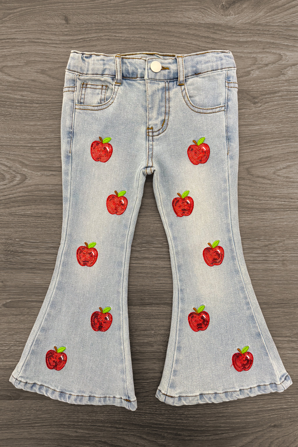 Red Apple Flare Denim Pant Set - 3T - Light-wash flared denim pants with red apple embroidery scattered on front and raw edge hems.