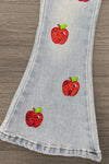 Red Apple Flare Denim Pant Set - 3T - Light blue denim flare pant leg with red apple embroidery scattered down the leg.