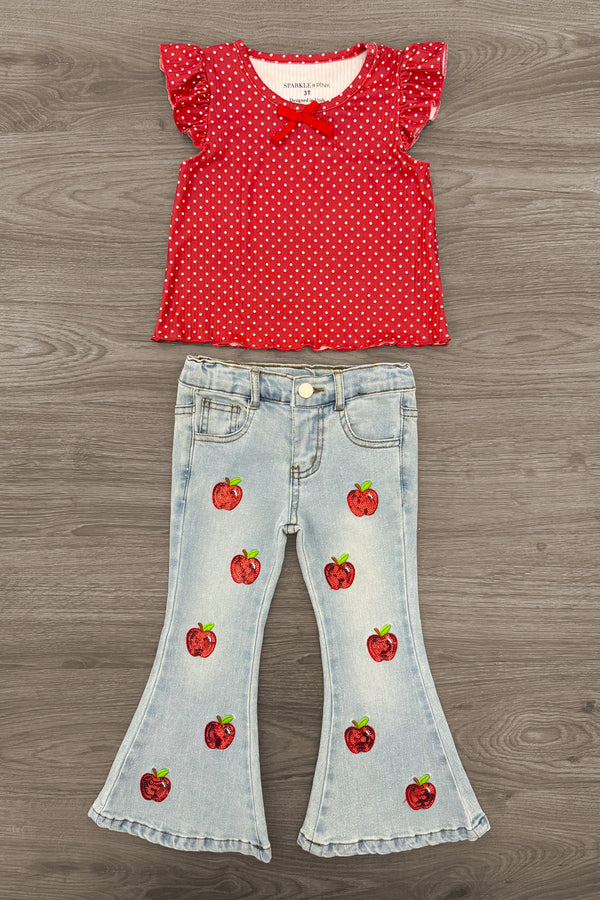 Red Apple Flare Denim Pant Set - 3T - Red sleeveless top with ruffled cap sleeves and small white polka dots paired with light blue denim flare pants featuring.