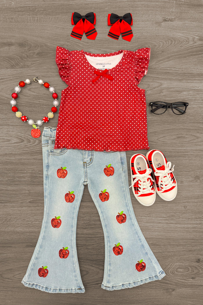 Red Apple Flare Denim Pant Set - 3T - Red cap-sleeve top with white polka dots paired with light wash flare jeans embroidered with red apples, matching red bow.