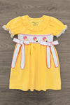 Yellow Pencil & Bows Dress - 3T - Yellow short-sleeve dress with scalloped white lace trim, smocked bodice featuring pink bows, and matching fabric belt with.