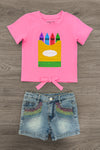 Pink Sequin Crayon Denim Short Set - 3T - Pink short-sleeve T-shirt with colorful sequin crayon box graphic and tie front paired with light-wash denim shorts with.