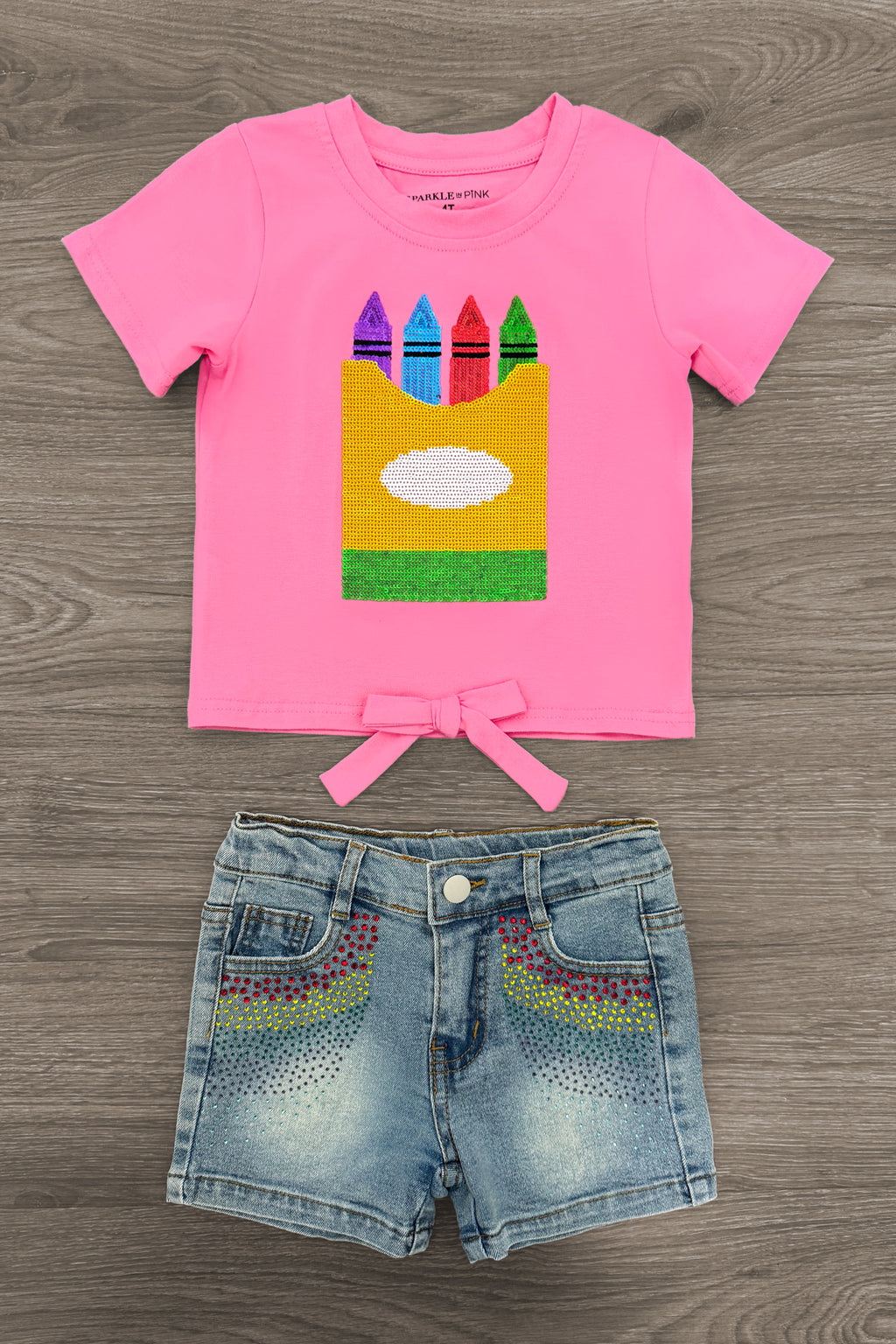 Pink Sequin Crayon Denim Short Set - 3T - Pink short-sleeve T-shirt with colorful sequin crayon box graphic and tie front paired with light-wash denim shorts with.